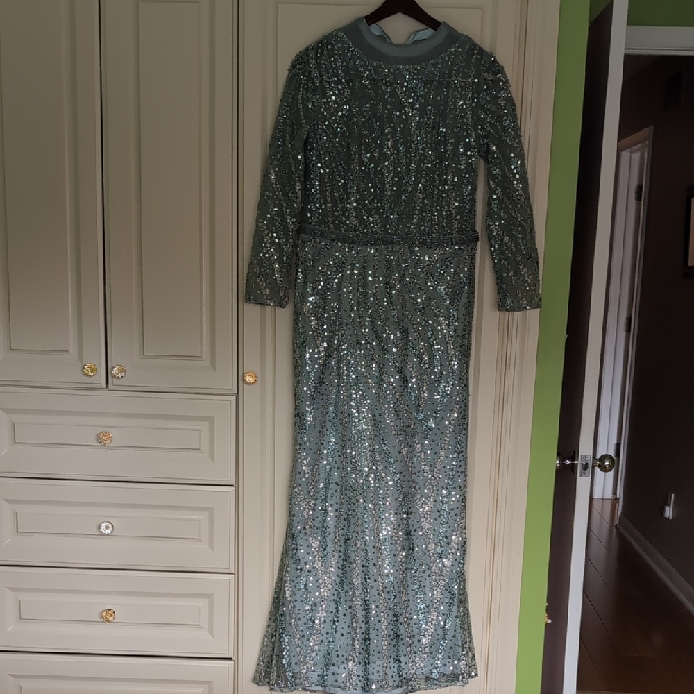 Sequin Long Sleeve Maxi Dress in Light Teal